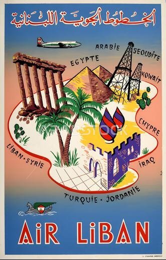 A gorgous vintage travel poster for the middle east flying on Air Liban, visiting Lebanon, Syria, Turkey, Jordan, Iraq, Cyprus, Kuwait, Egypt and Saudi Arabia
