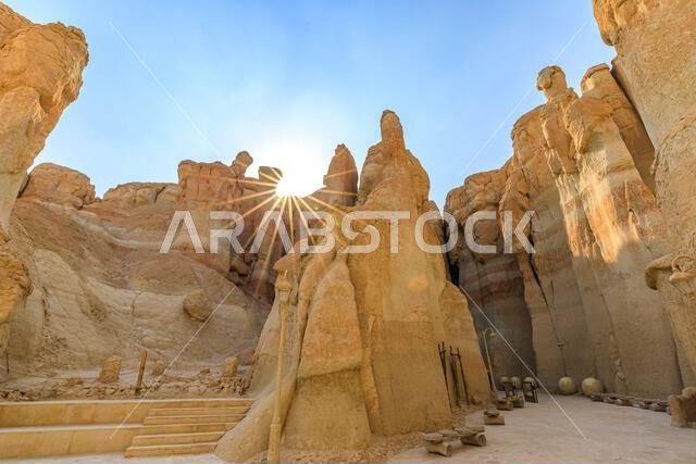 Sun shining over the Jabal Al Qarah caves, located near Al Hofuf in Al Ahsa oasis, eastern province of Saudi Arabia, showing the natural rock