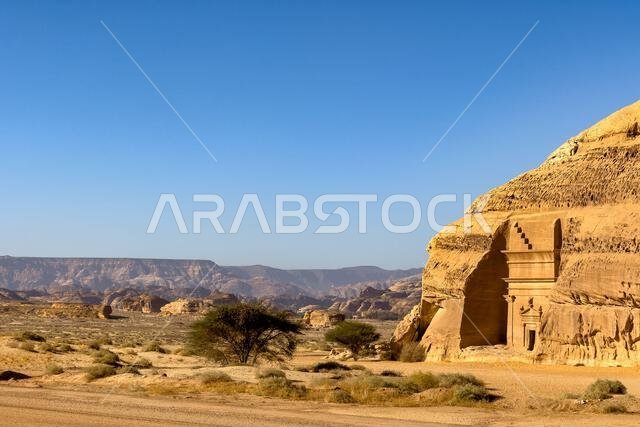 View of the temple complexes of Hegra and the desert, Saudi Arabia..