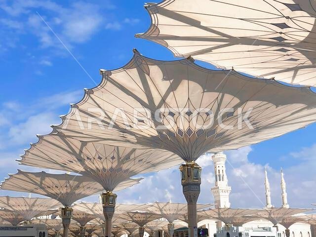 مظلات معمارية عملاقة في باحة المسجد النبوي بالمدينة المنورة بالمملكة العربية السعودية.