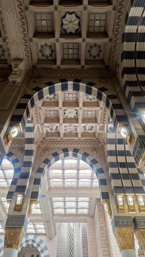 Medina, Saudi Arabia - March 5, 2024: Interior architecture of the Masjid an-Nabawi