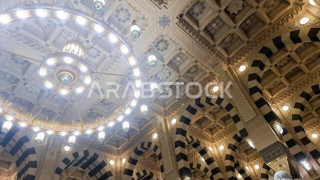 Medina, Saudi Arabia - March 5, 2024: Interior architecture of the Masjid an-Nabawi