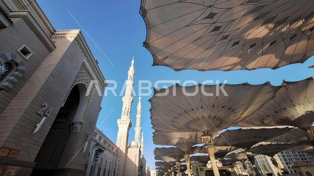 Medina, Saudi Arabia - March 5, 2024: Exterior architecture of the Masjid an-Nabawi Medina, Saudi Arabia - March 5, 2024: Exterior architecture of the Masjid an-Nabawi