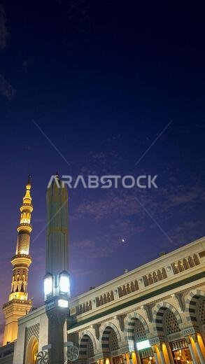 Medina, Saudi Arabia - March 6, 2024: Beautiful exterior architecture of the Masjid an-Nabawi at dawn Medina, Saudi Arabia - March 6, 2024: Beautiful exterior architecture of the Masjid an-Nabawi at dawn