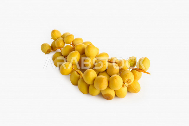 Yellow dates from the palms of the Kingdom of Saudi Arabia, palm harvesting in the farms of the Kingdom, sword propagation, a luxurious type of damp on a white background