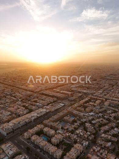 Drone shot flying. Saudi Arabia. Riyadh. Sunrise. 