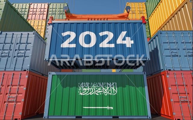Trading 2024. Freight container with Saudi Arabia national flag. 3D Rendering