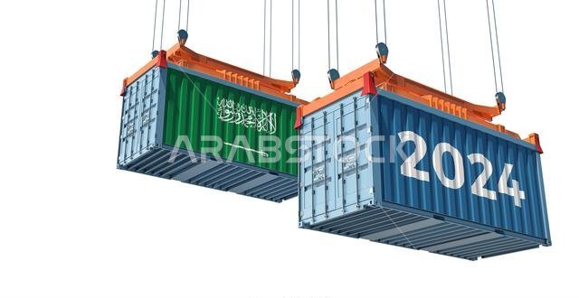 تجارة 2024. حاوية شحن تحمل علم المملكة العربية السعودية. تصميم ثلاثي الأبعاد