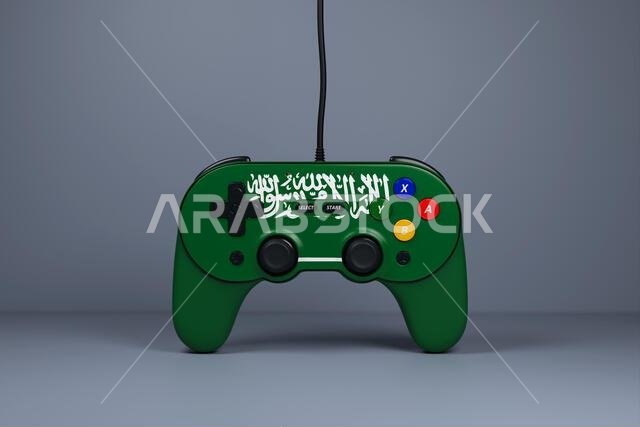 3D illustration, joystick gamepad, game console or game controller with the colors of the national flag of Saudi Arabia. Computer games. Cartoon minim
