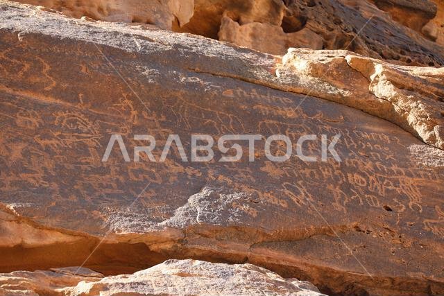 Ancient petroglyphs at the AlUla site of Jabal Ikmah in the Arabian Desert