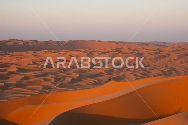 Panorama of orange and red colored sand dunes of the Arabian desert