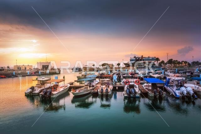 Golden Hour Harbor: Capturing the Tranquil Beauty of Sunrise in Fanateer Beach's Boats Yard, Al Jubail City,Saudi Arabia.