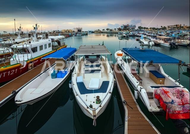Golden Hour Harbor: Capturing the Tranquil Beauty of Sunrise in Fanateer Beach's Boats Yard, Al Jubail City,Saudi Arabia