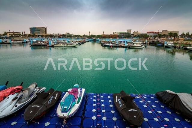 Golden Hour Harbor: Capturing the Tranquil Beauty of Sunrise in Fanateer Beach's Boats Yard, Al Jubail City,Saudi Arabia