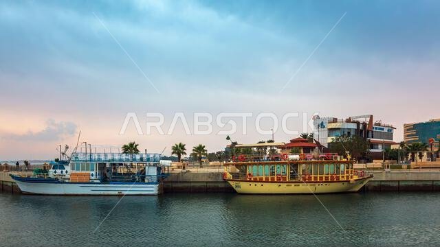 Golden Hour Harbor: Capturing the Tranquil Beauty of Sunrise in Fanateer Beach's Boats Yard, Al Jubail City,Saudi Arabia