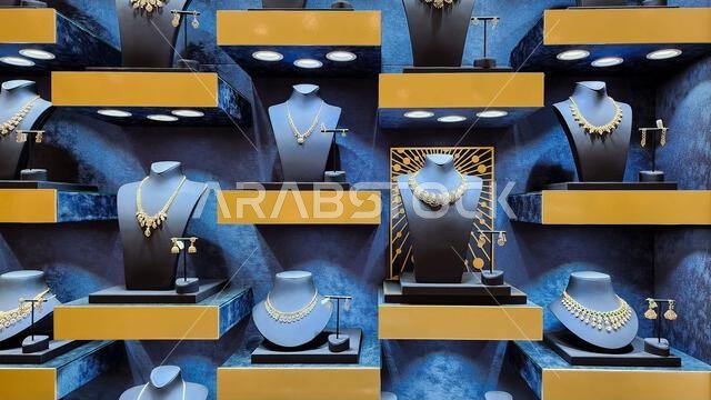 Doha,qatar- December 12,2023 : gold and diamond jewellery kept at display at a store.