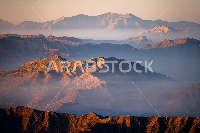 Picturesque landscape of the Asir Mountains at sunrise, Saudi Arabia.