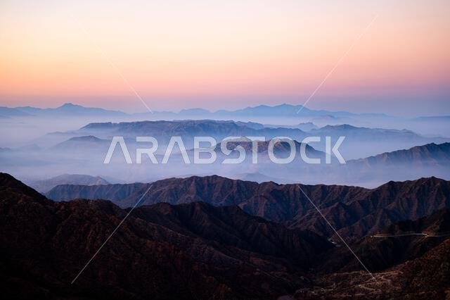 Picturesque landscape of the Asir Mountains at sunrise, Saudi Arabia.
