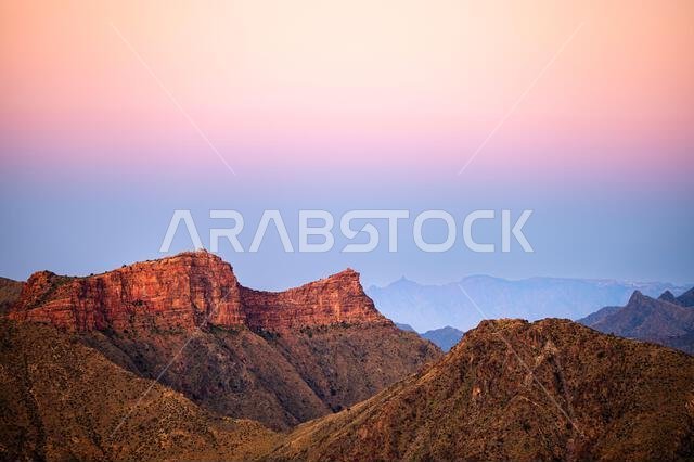 Picturesque landscape of the Asir Mountains at sunrise, Saudi Arabia.