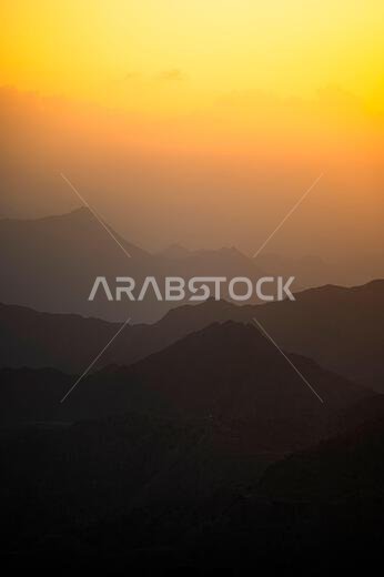 Picturesque landscape of the Asir Mountains at sunrise, Saudi Arabia.