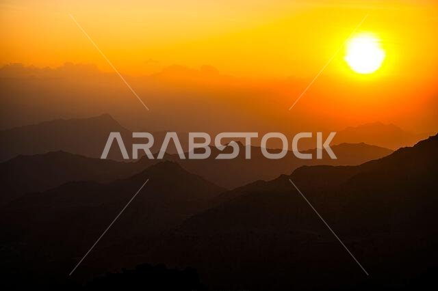 Picturesque landscape of the Asir Mountains at sunrise, Saudi Arabia.