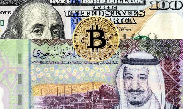 Saudi Arabia Riyal banknote with King Salman, image of Bitcoin and American dollars banknote with Benjamin Franklin. Business concept of the exchange
