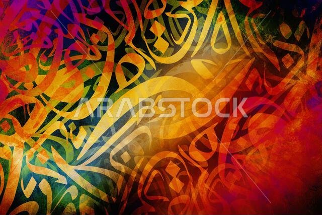 Arabic calligraphy wallpaper on the wall, gradient colors red and brown with blue, interlocking background, translation of "Arabic letters intertwined