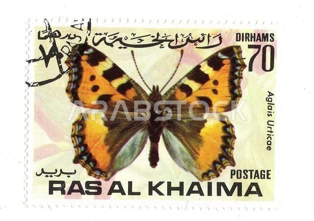 A vintage postage stamps from Ras Al Khaima featuring a butterfly isolated on a white background.