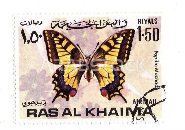A vintage postage stamps from Ras Al Khaima featuring a butterfly isolated on a white background.