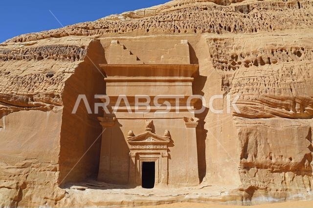 Carved sandstone Nabatean burial chamber in the Arabian Desert