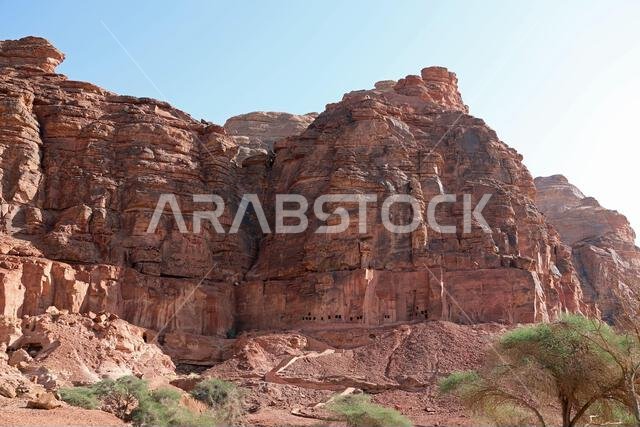 Lion Tombs carved into the red rock cliffs at Dadan in AlUla Lion Tombs carved into the red rock cliffs at Dadan in AlUla