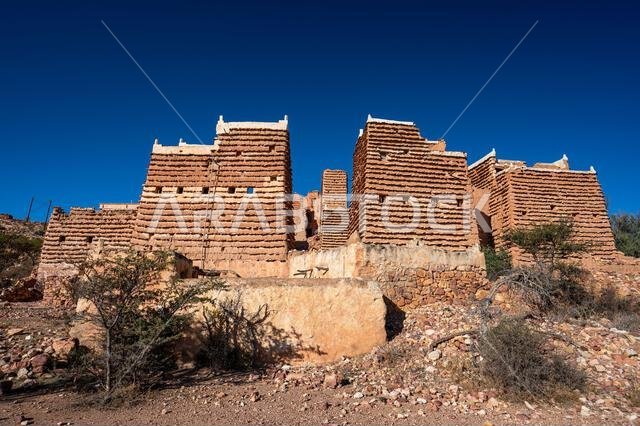 Al Jahamah, Asir, Saudi Arabia - November 25, 2023: View of the Al Jahamah Heritage Village. A typical historic architecture of the southwestern Saudi