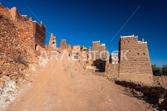 Al Jahamah, Asir, Saudi Arabia - November 25, 2023: View of the Al Jahamah Heritage Village. A typical historic architecture of the southwestern Saudi