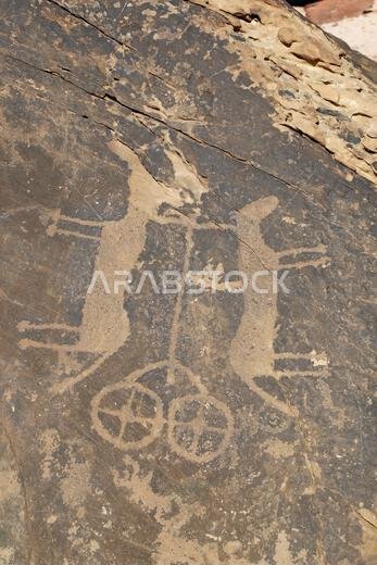 Unique rock art at the Unesco World Heritage Site of Umm Sinman Mountain at Jubbah in Saudi Arabia