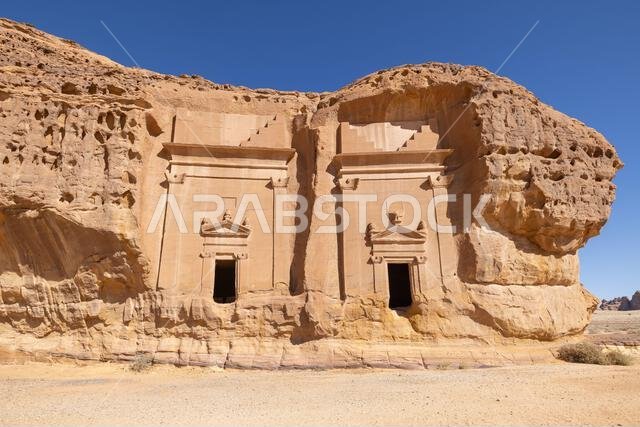 الشرق الأوسط، المملكة العربية السعودية، المدينة المنورة، العلا، الحِجر. آثار منحوتة في الصخر من العصر النبطي في منطقة الحِجر الأثرية.