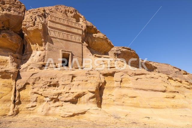 الشرق الأوسط، المملكة العربية السعودية، المدينة المنورة، العلا، الحِجر. آثار منحوتة في الصخر من العصر النبطي في منطقة الحِجر الأثرية.