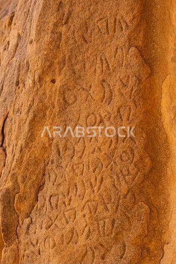 Middle East, Saudi Arabia, Medina, Al-Ula. Petroglyphs at the Dadan visitor center, site of an ancient kingdom.