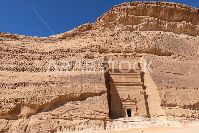 الشرق الأوسط، المملكة العربية السعودية، المدينة المنورة، العلا، الحِجر. آثار منحوتة في الصخر من العصر النبطي في منطقة الحِجر الأثرية.