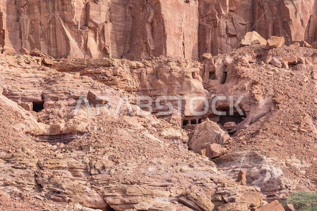 Middle East, Saudi Arabia, Medina, Al-Ula. Rock cut tombs at the Dadan visitor center, site of an ancient kingdom.