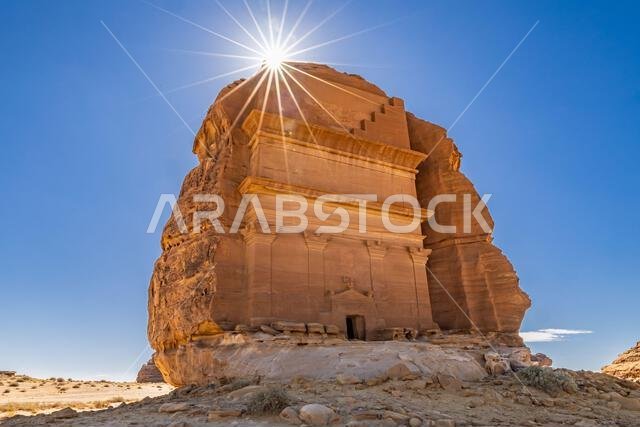 الشرق الأوسط، المملكة العربية السعودية، المدينة المنورة، العلا، الحِجر. آثار منحوتة في الصخر من العصر النبطي في منطقة الحِجر الأثرية.