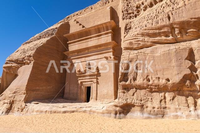 Middle East, Saudi Arabia, Medina, Al-Ula, Hegra. Nabatean rock cut ruins at the Hegra archaeological area.