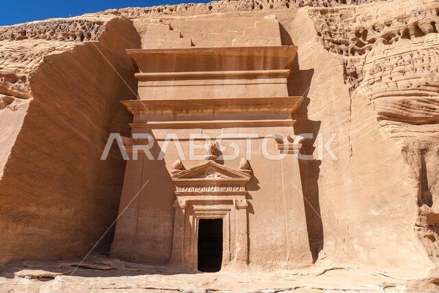 الشرق الأوسط، المملكة العربية السعودية، المدينة المنورة، العلا، الحِجر. آثار منحوتة في الصخر من العصر النبطي في منطقة الحِجر الأثرية.