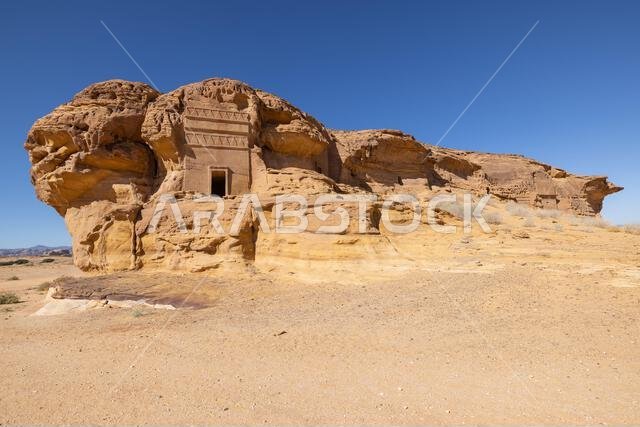 Middle East, Saudi Arabia, Medina, Al-Ula, Hegra. Nabatean rock cut ruins at the Hegra archaeological area.