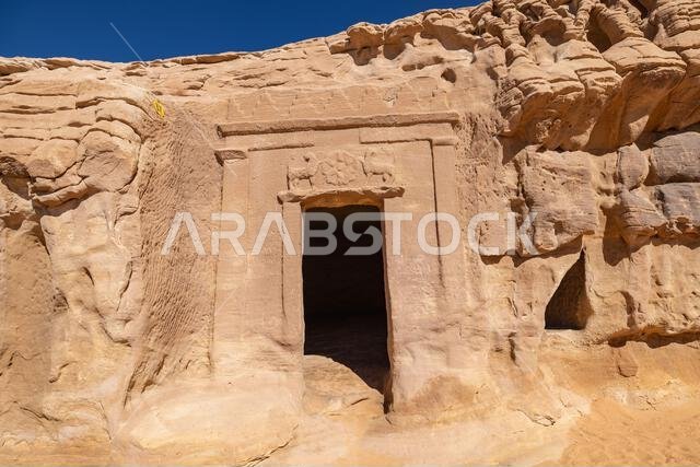 Middle East, Saudi Arabia, Medina, Al-Ula, Hegra. Nabatean rock cut ruins at the Hegra archaeological area.
