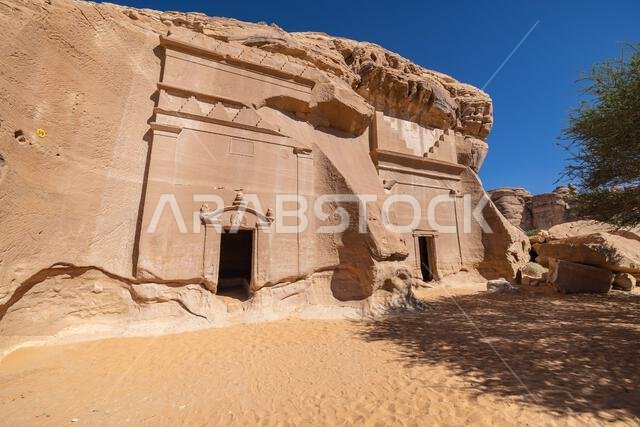 الشرق الأوسط، المملكة العربية السعودية، المدينة المنورة، العلا، الحِجر. آثار منحوتة في الصخر من العصر النبطي في منطقة الحِجر الأثرية.