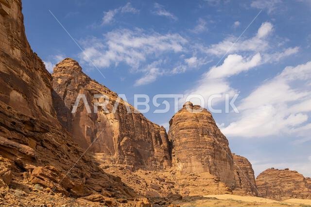 Middle East, Saudi Arabia, Medina, Al-Ula. Desert mountains at the Dadan visitor center, site of an ancient kingdom.