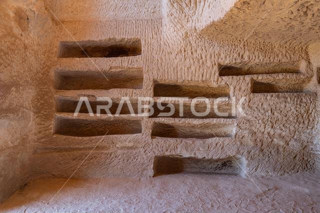 Middle East, Saudi Arabia, Medina, Al-Ula, Hegra. Nabatean rock cut ruins at the Hegra archaeological area.
