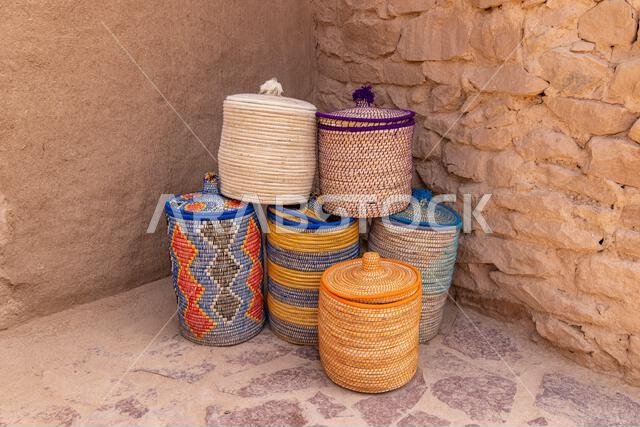 Middle East, Saudi Arabia, Medina, Al-Ula. Colorful baskets in old town Al-Ula. Middle East, Saudi Arabia, Medina, Al-Ula. Colorful baskets in old town Al-Ula.