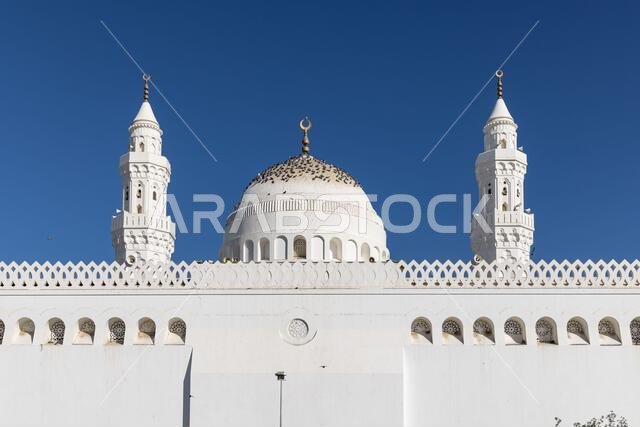 Middle East, Saudi Arabia, Madinah Province, Medina. Minarets and dome of the Quba Mosque in Medina.