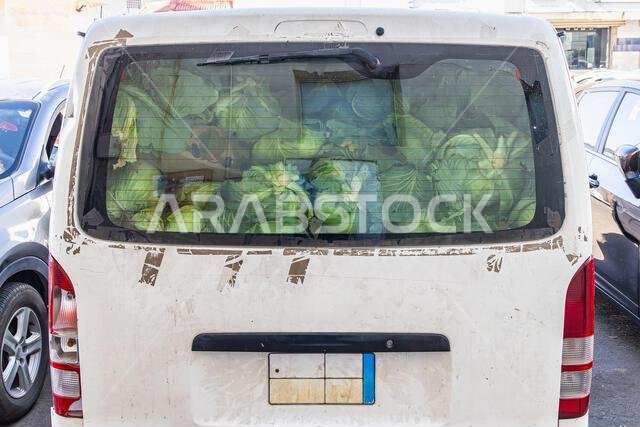Middle East, Saudi Arabia, Madinah Province, Medina. A van full of cabbages in Medina.